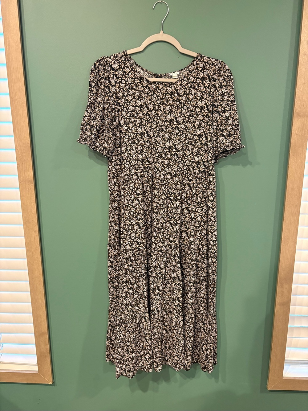 aerie Black Floral Midi Dress with White Print